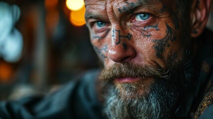 Close-up of a male mannequin with a tattoo on his face and a deep gaze.