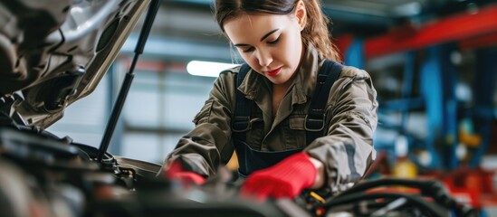 Woman car mechanic inspecting and repairing vehicles at auto service center.