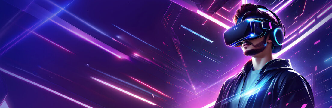 Man is using futuristic virtual reality headset. colorful neon lights Banner Background