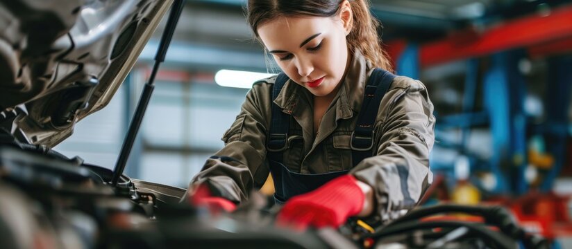 Woman car mechanic inspecting and repairing vehicles at auto service center.
