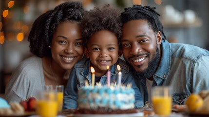 Small smiling black boy is celebrating his birthday with his parents with cake and candles. Happy childhood concept. Selective focus.