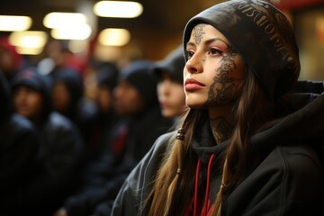 Fototapeta premium girl with tattoos on her face and body depicting various patterns and symbols in a realistic scene.