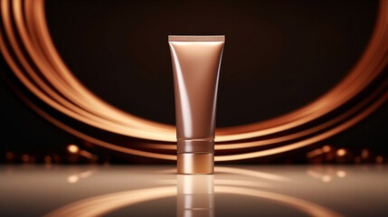 A minimalist image of an empty tube of cosmetics in the center of the catwalk. Luxurious studio lighting. Generative AI