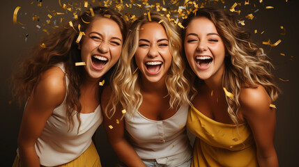 Fototapeta premium Girls are smiling at a party on a confetti background.