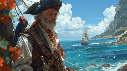 Obraz premium An elderly smiling pirate with a parrot on his shoulder against the backdrop of a tropical landscape and the sea.