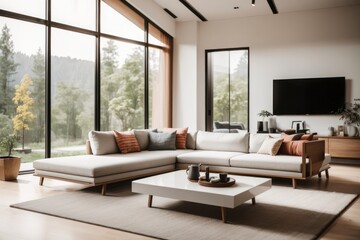 Fototapeta premium Interior home design of modern living room with corner sofa and square wooden table with forest view on window