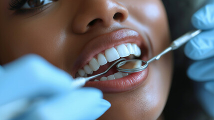 Dentist holding dental mirror and examines teeth of young black girl. Tooth care concept. Selective focus. 