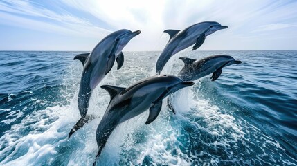 Fototapeta premium Playful Dolphins Leaping in the Ocean - A Joyful Wildlife Display