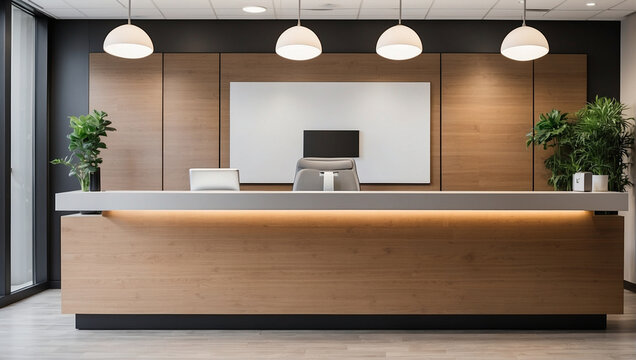 Front View Of A Reception Desk Standing In An Office