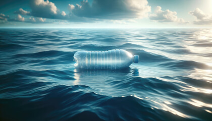 Naklejka premium realistic depiction of a single plastic water bottle floating in the ocean