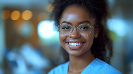 Smiling black girl with glasses as dentist is in the dental surgery. Tooth care concept. Selective focus - obrazy, fototapety, plakaty