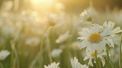 Spring background. White Daisy Flowers Field Meadow In Sunset Lights. Field Of White Daisies. Copy paste area for texture 