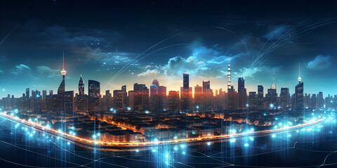 Smart cityscape with wireless network Futuristic illustration of future technologies Generative AI
