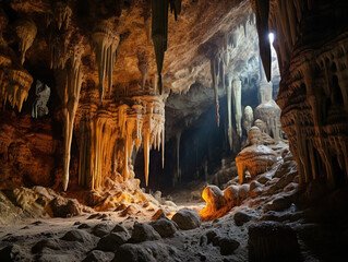An enchanting underground cave with mesmerizing stalactites and stalagmites in a natural arrangement.