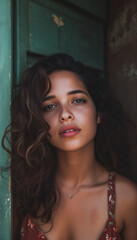 Fototapeta premium Captivating Elegance: A Stunning Portait of a Latina Beauty with Curly Dark Hair – Fashion, Glamour, and the Irresistible Charm of a Smiling Brunette