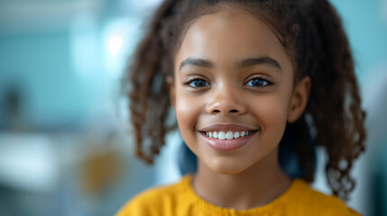 Cute smiling small black girl with white teeth is at dentist. Copy space. Tooth care concept. Selective focus. 