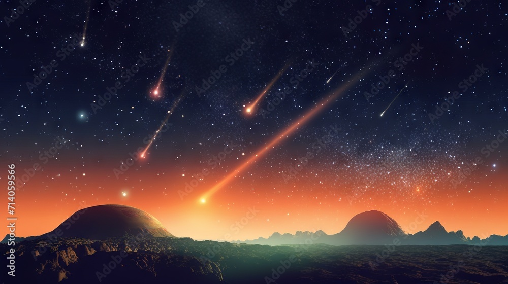 Wall mural meteor shower in the night sky over the silhouettes of mountains against the backdrop of sunset.