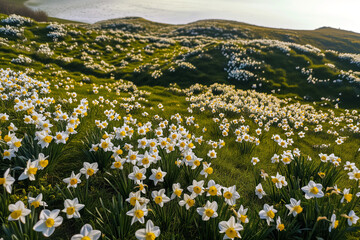 Aerial view capturing the vibrant sea of blooming white daffodils on hills, with rich yellow petals creating a stark contrast against the fresh greenery of new spring growth. 