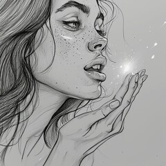 Pencil Drawing of a Young Woman Releasing Glowing Fireflies, Light Reflecting on Her Face