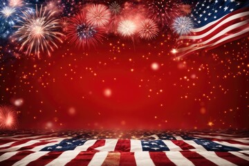 4th of July, American Independence Day celebration red America Patriotic fireworks fourth of July banner. Firework confetti on red 4th of july  

