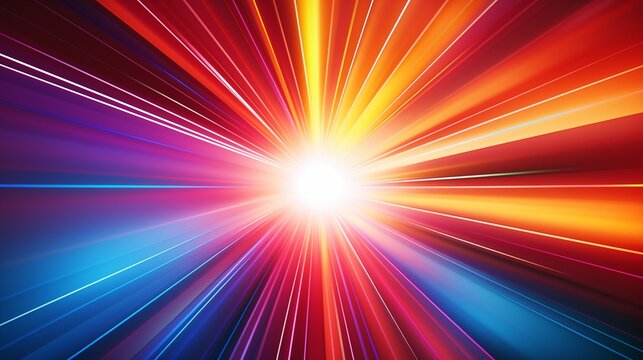 Flash rainbow abstract colorful background design. Multi-colored stripes and lines in perspective and converging into a point. Explosive light speed rays effect. Bright creative pattern wallpaper.  