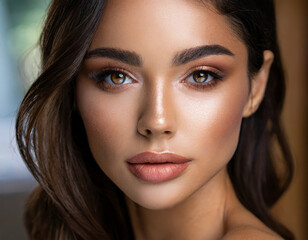 Fototapeta premium Flawless Elegance: Portrait of a Pretty Brunette with Perfect Makeup