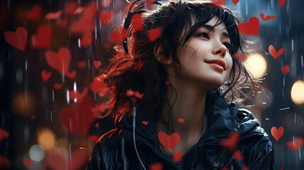 joyful stylish girl in the rain of likes and hearts