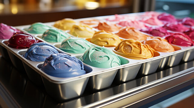 Super detailed photo of ice cream in boxes. Depth of field. Appetizing photo of food. Generative AI