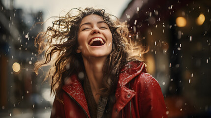 joyful stylish girl in the rain of likes and hearts