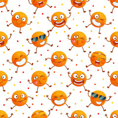 Orange fruit seamless pattern, mandarin smile emoji characters vector illustration summer orange background, fresh tropical repetitive print textile design