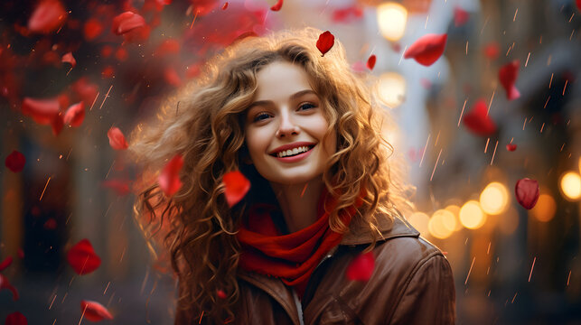 joyful stylish girl in the rain of likes and hearts