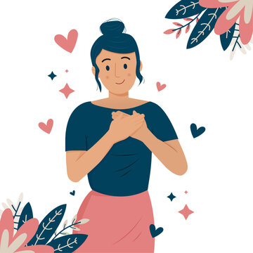 Illustration vectorielle d'un personnage f&eacute;minin &eacute;mu - Design festif pour r&eacute;v&eacute;ler des sentiments - &Eacute;motions, c&oelig;urs, &eacute;toiles et &eacute;l&eacute;ments v&eacute;g&eacute;taux - Femme la main sur le c&oelig;ur - Compliment, sentiments 