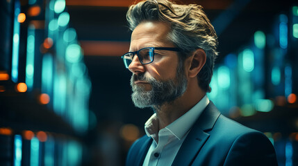 Fototapeta premium Innovative Vision: Chief Technology Officer of Data Center with Laptop, Overseeing Warehouse as Digital Information Streams Through Servers - Embracing SAAS, Cloud Computing, and Web Services