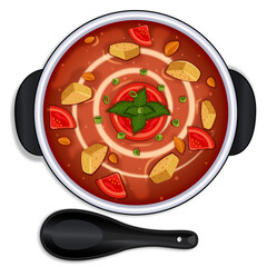 Tomato Soup with Croutons, Carrots and Soup Spoon Top View Vector Illustration