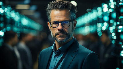 Fototapeta premium Innovative Vision: Chief Technology Officer of Data Center with Laptop, Overseeing Warehouse as Digital Information Streams Through Servers - Embracing SAAS, Cloud Computing, and Web Services