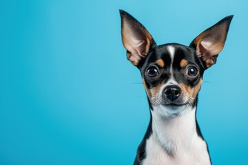 A small black and white pinscher dog in front of an blue background