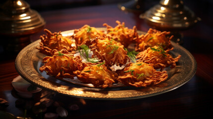A platter of savory and crispy onion bhajis, a popular appetizer during Ramadhan - obrazy, fototapety, plakaty
