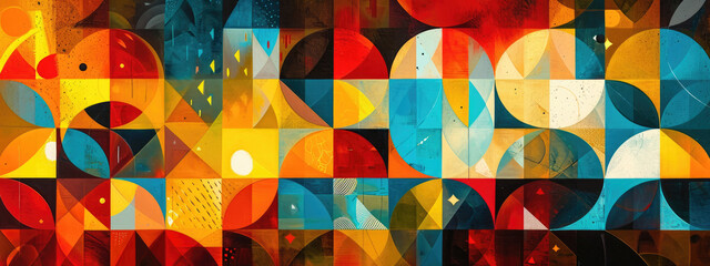 Abstract geometric pattern background on the canvas combines triangular, circular and square shapes in a harmonious composition