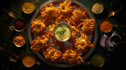A platter of savory and crispy onion bhajis, a popular appetizer during Ramadhan