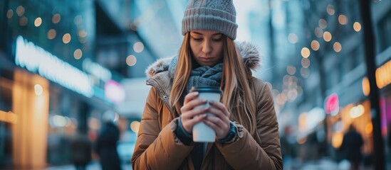 Young woman multitasking in the city with a tumbler mug and smartphone. Combining a hot drink and smart technology. - obrazy, fototapety, plakaty