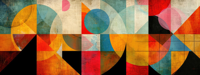 Abstract geometric pattern background on the canvas combines triangular, circular and square shapes in a harmonious composition