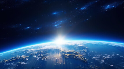 Obraz premium A photorealistic view of the Earth from space with sunlight. Scientific astronomy. Generative AI