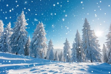 Fototapeta na wymiar Snowy trees under a blue sky with snow cover on the ground