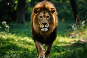 Obraz premium the lion is walking through the grass