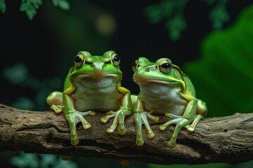 Naklejka premium two green frogs on a tree branch with dark background