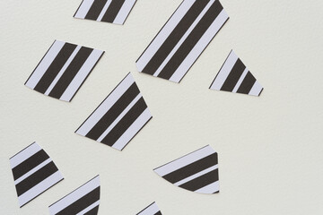 short lengths of paper with black and white stripes arranged randomly on blank paper