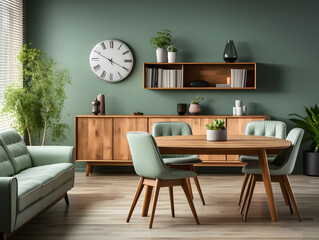 Mint color chairs at round wooden dining table in room with sofa and cabinet near green wall. Scandinavian, mid-century home interior design of modern living room