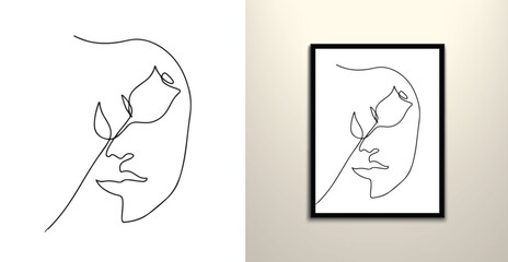 women face line and rose flower art