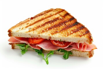 A half toasted ham and tomato sandwich isolated on white