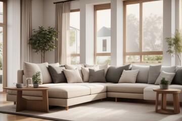 Fototapeta premium Farmhouse interior home design of modern living room with corner sofa and table decorated with plants near the window